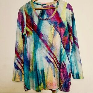 soft surroundings SZ Med Watercolor Abstract Pattern Tunic Top Boho Coastal Chic